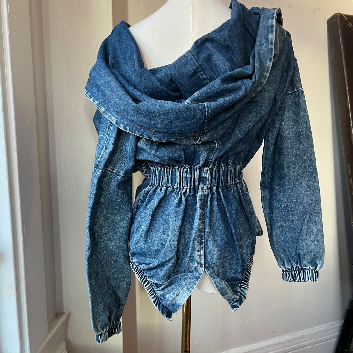 Hooded denim foldover tie jacket