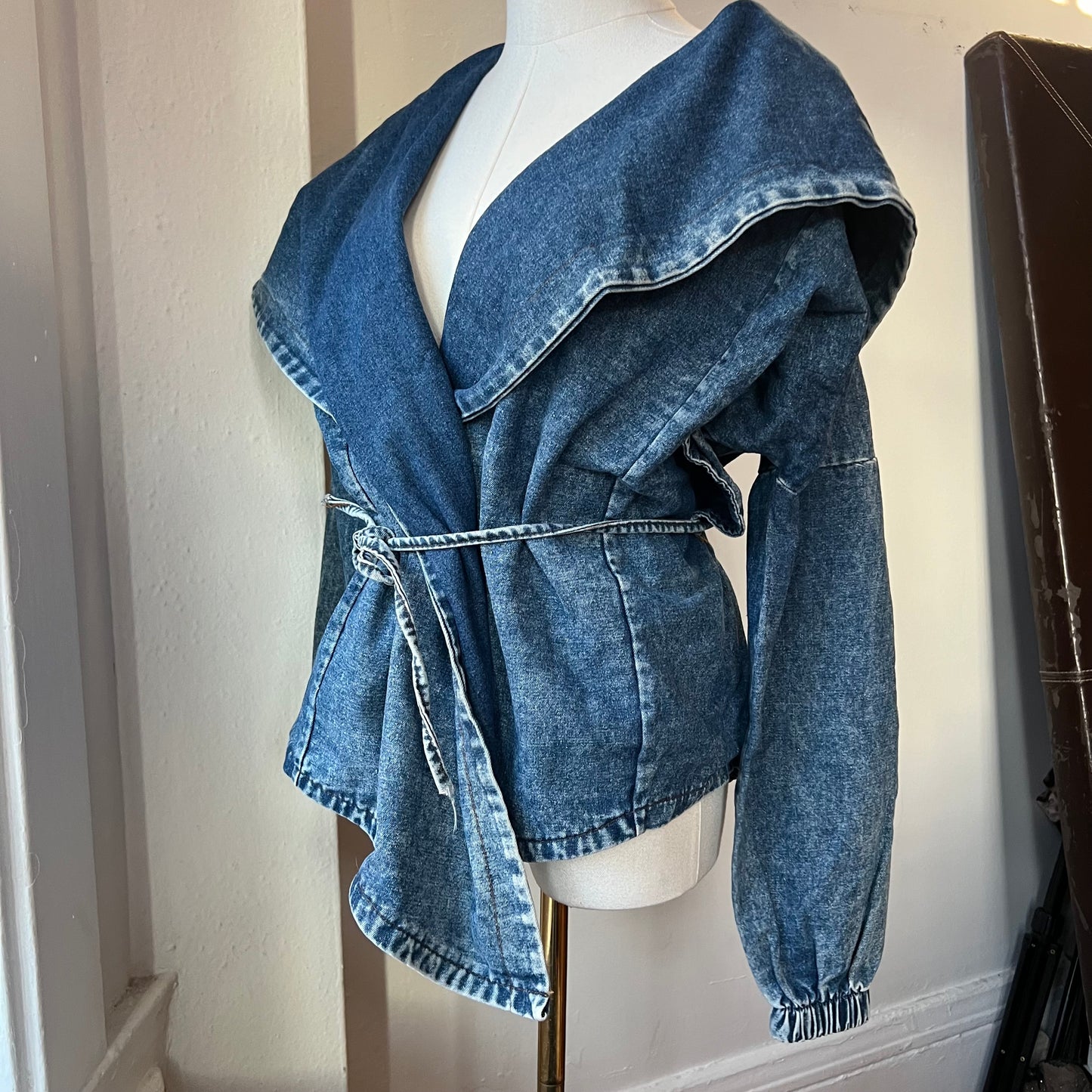 Hooded denim foldover tie jacket