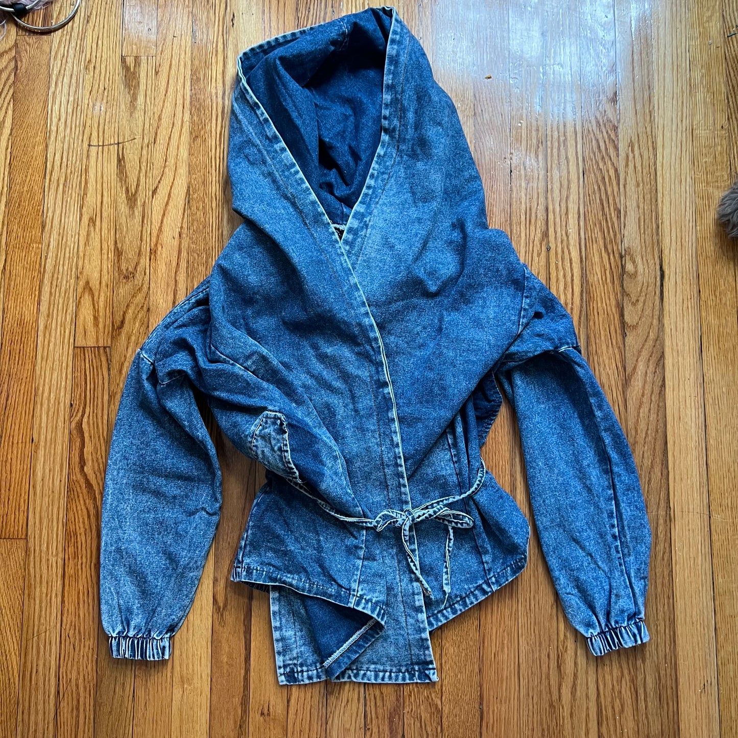 Hooded denim foldover tie jacket