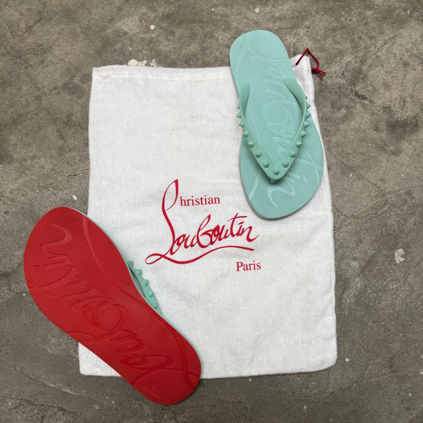 Louboutin Teal Studded Flip Flops