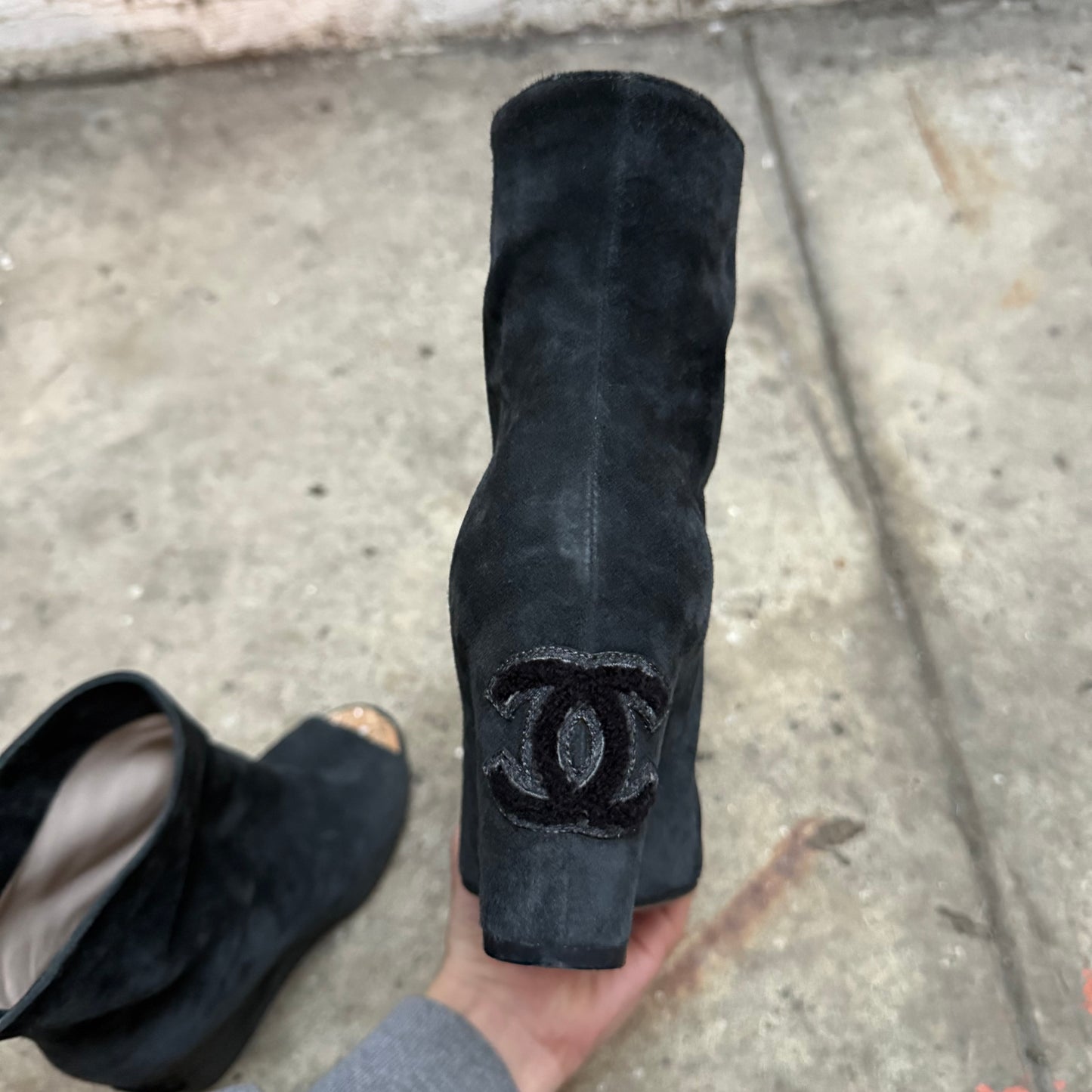 Chanel Suede Peep-toe Wedge Boots