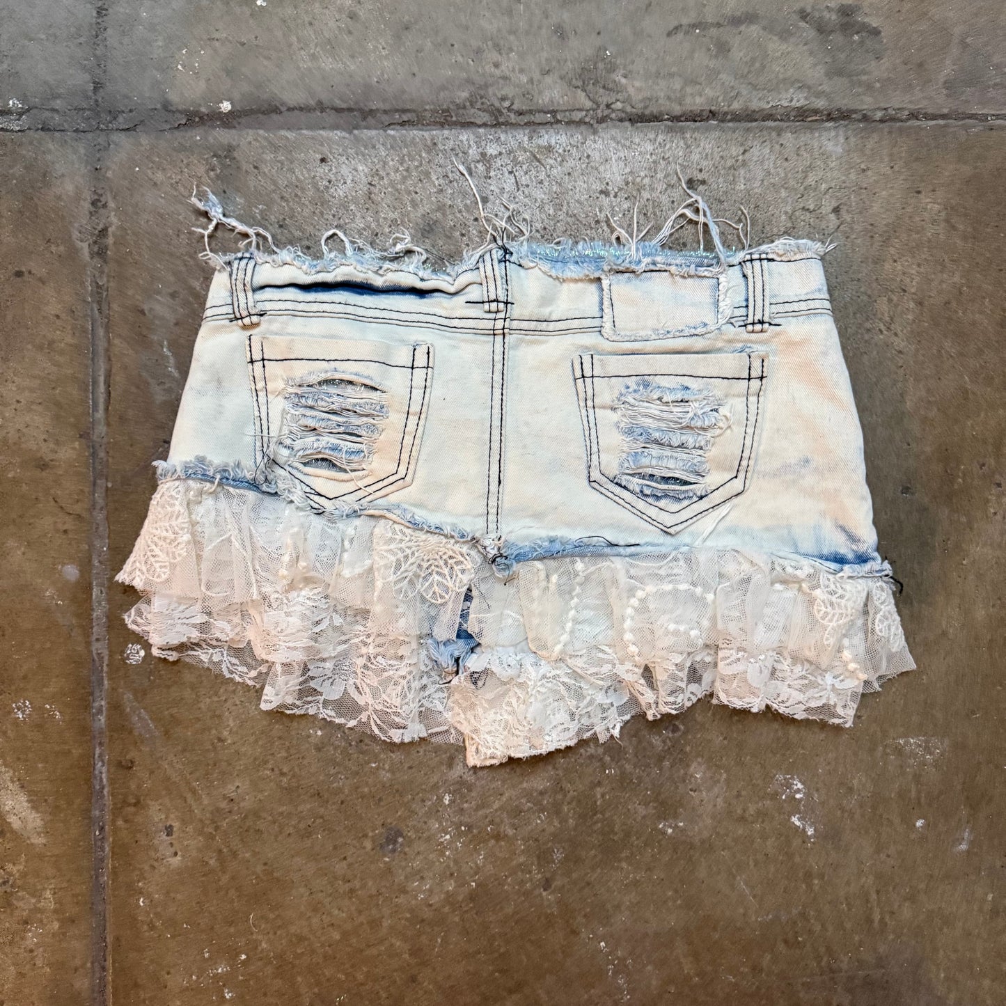 Bleached Denim Lace Mini Skirt