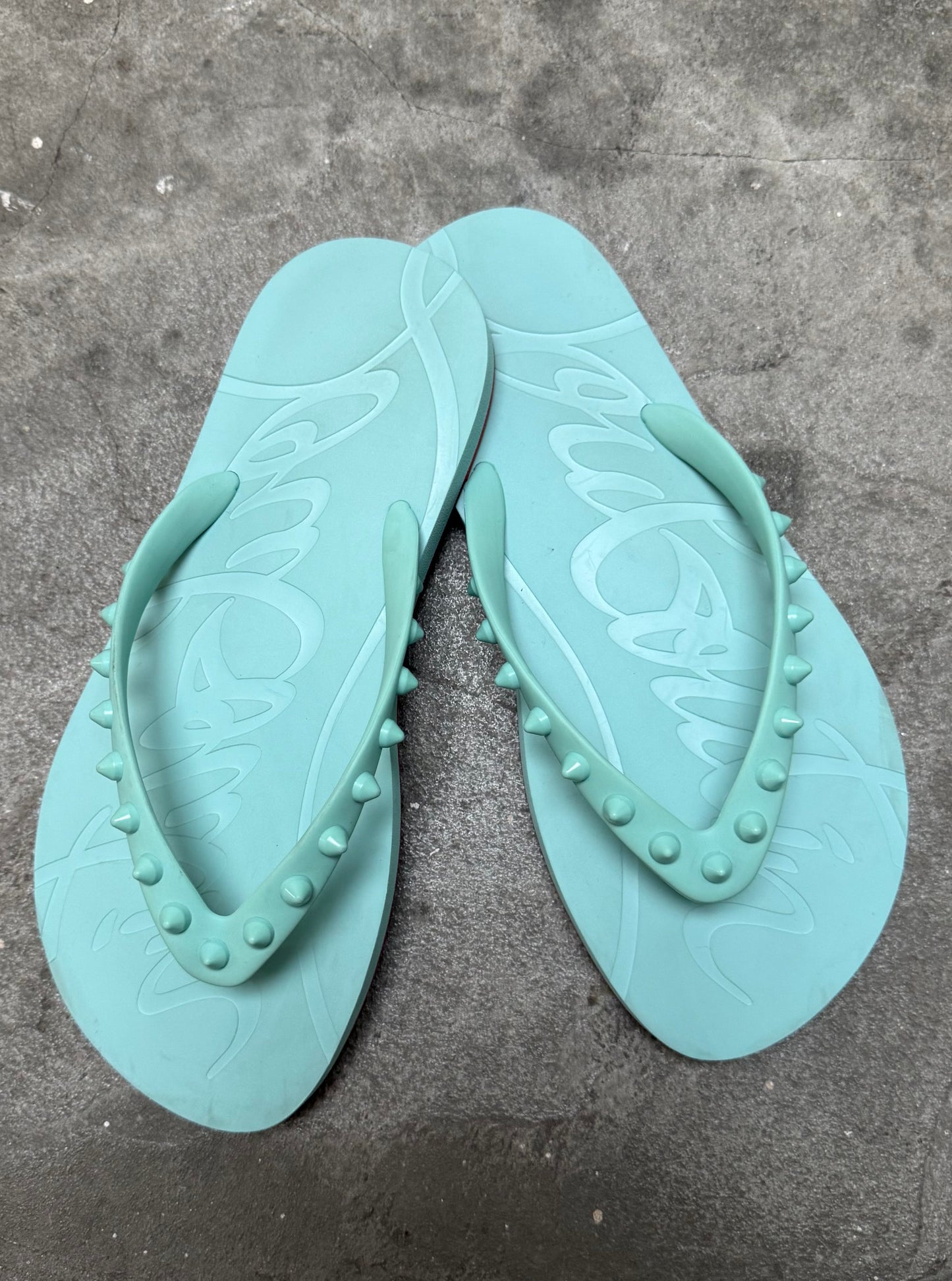 Louboutin Teal Studded Flip Flops