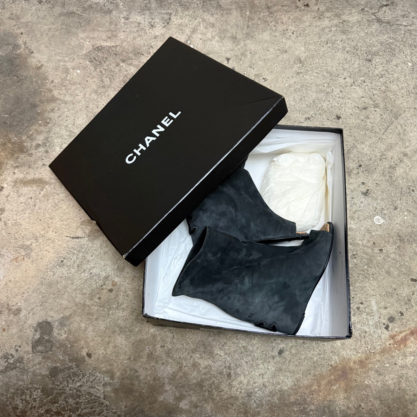 Chanel Suede Peep-toe Wedge Boots