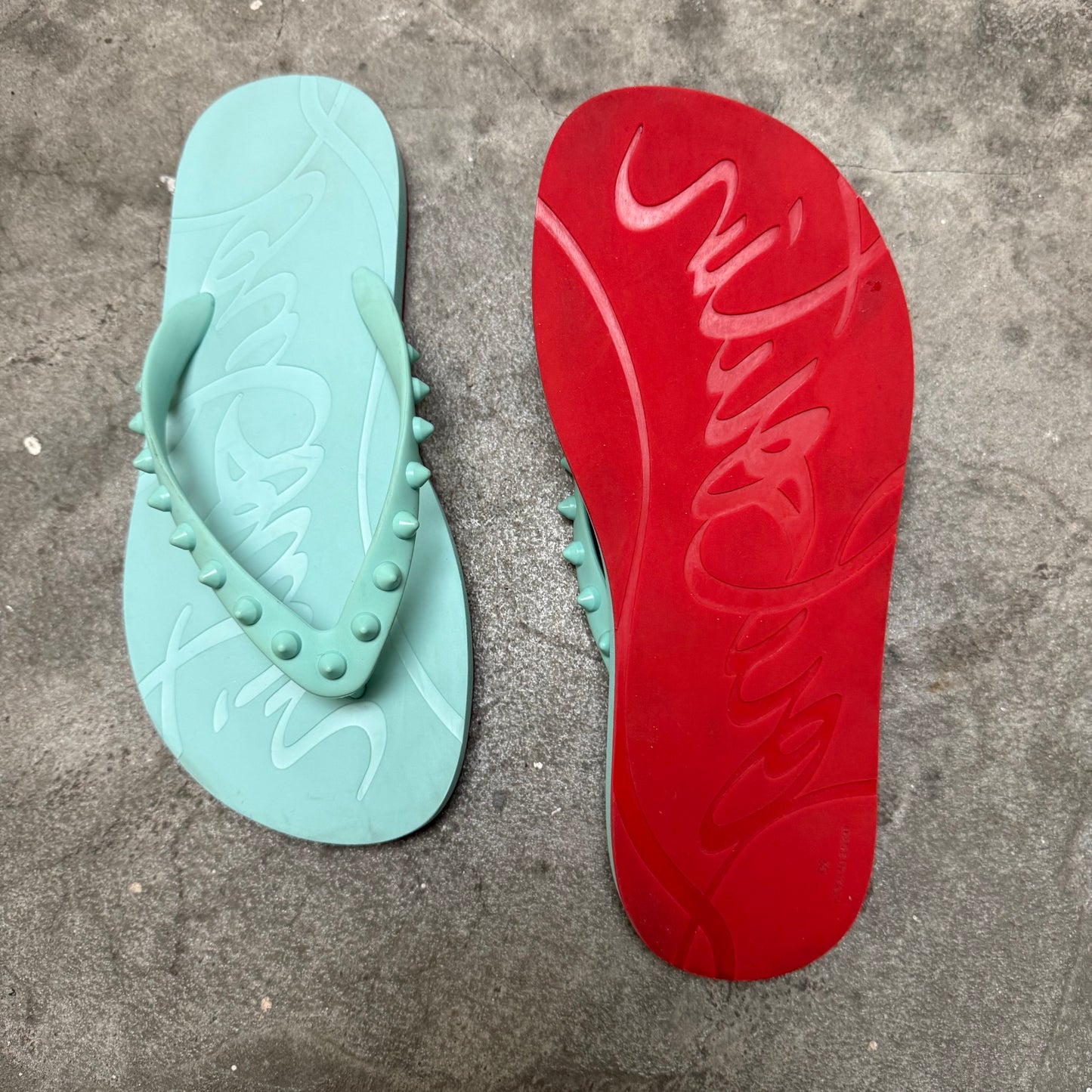 Louboutin Teal Studded Flip Flops