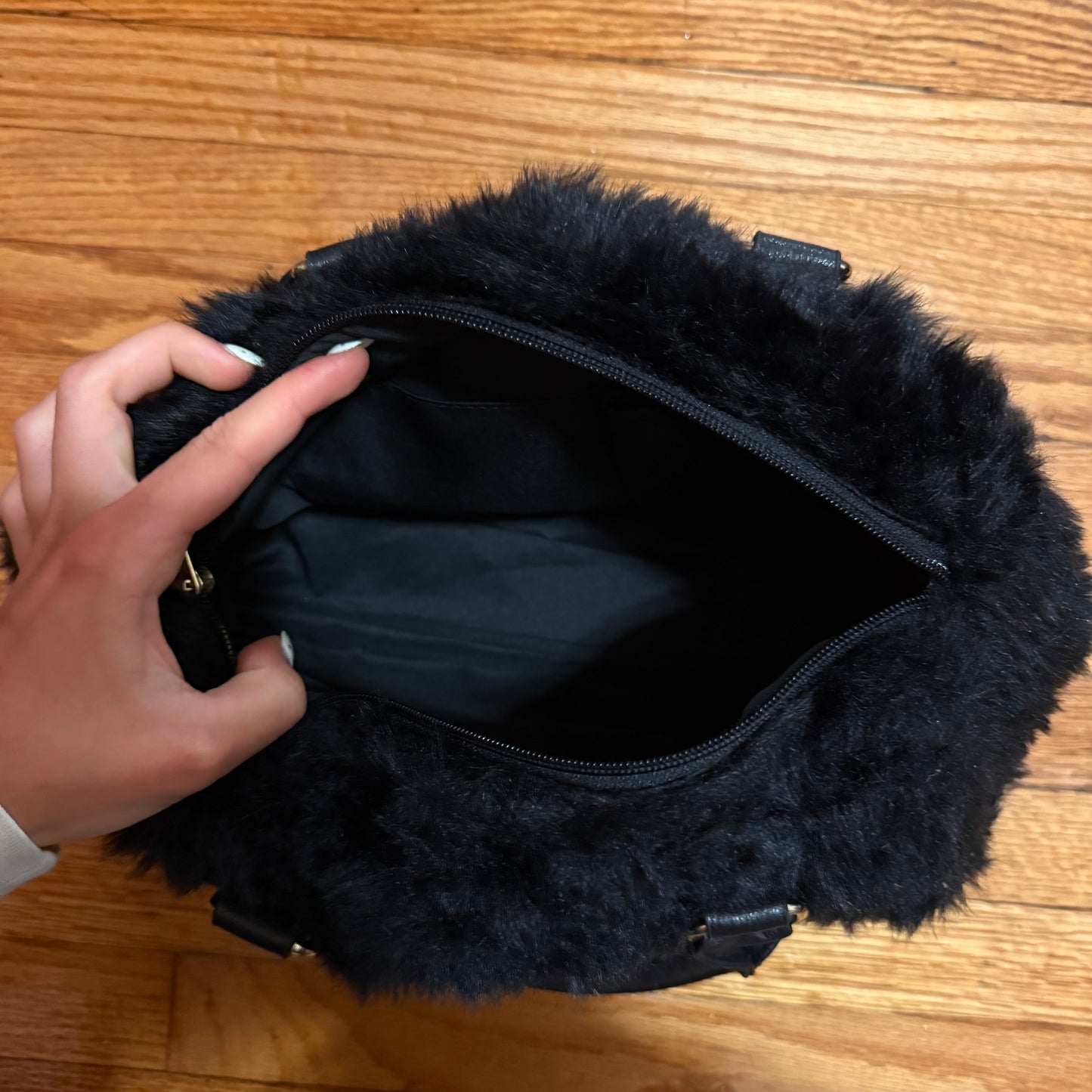 Studded Fur Barrel Bag