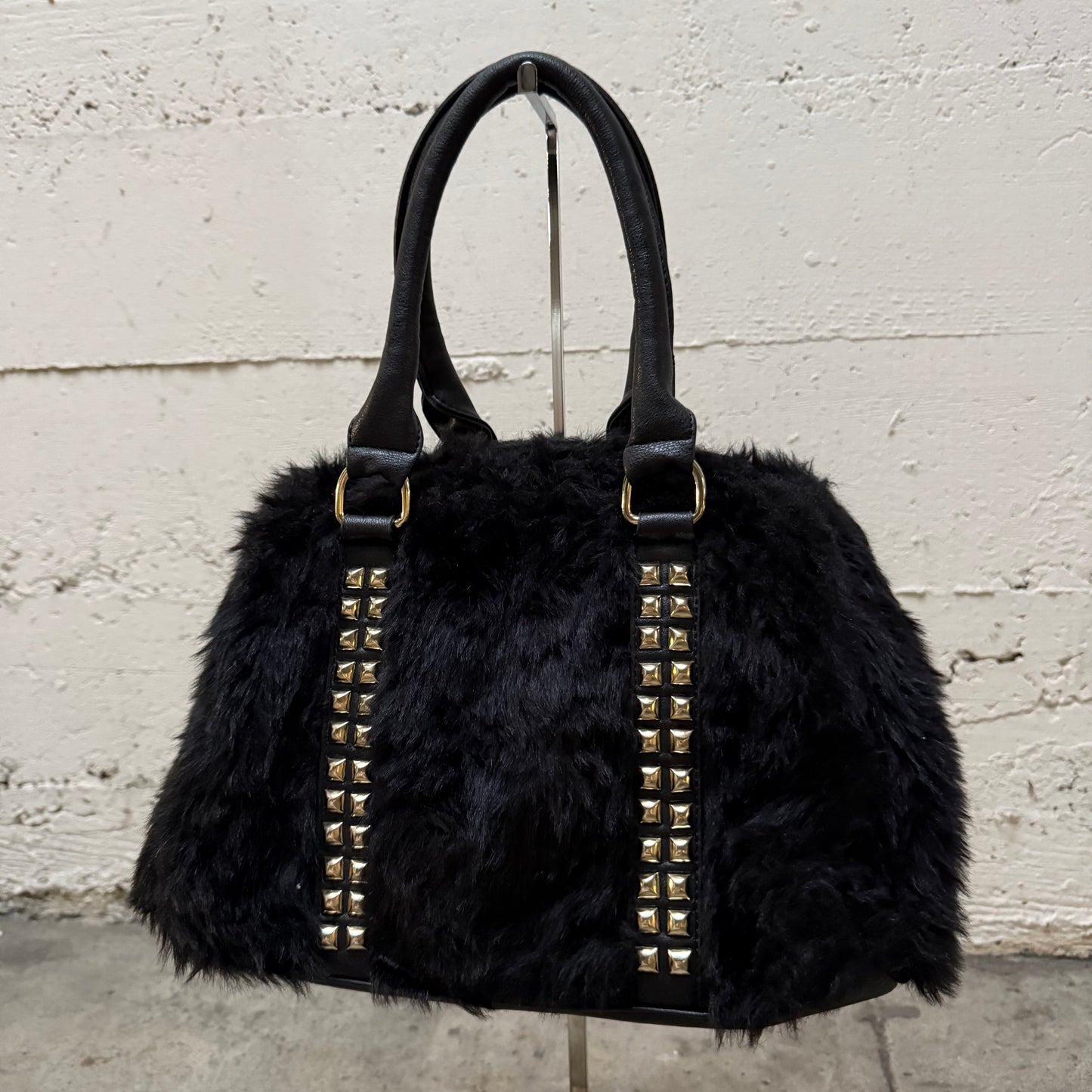 Studded Fur Barrel Bag