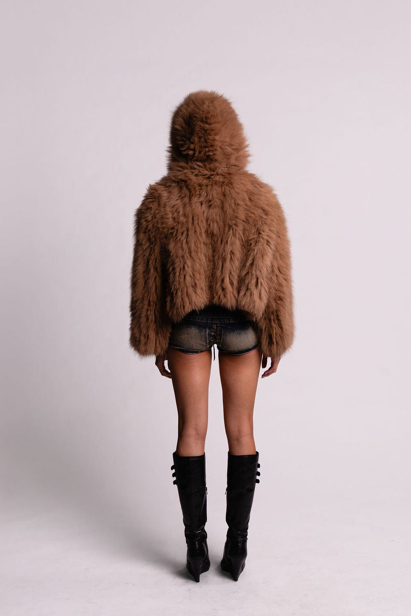 Tan Rabbit Fur Hooded Jacket