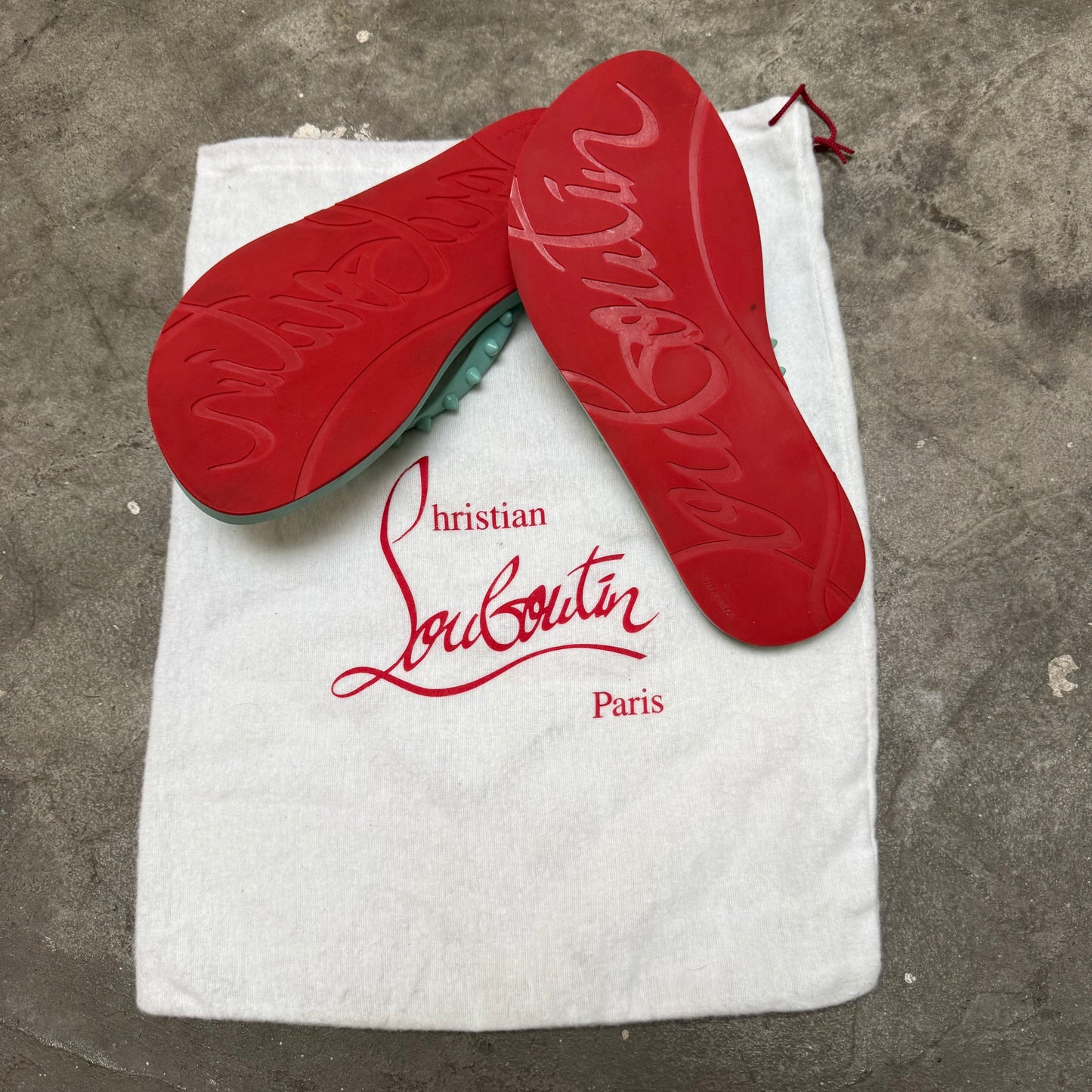 Louboutin Teal Studded Flip Flops