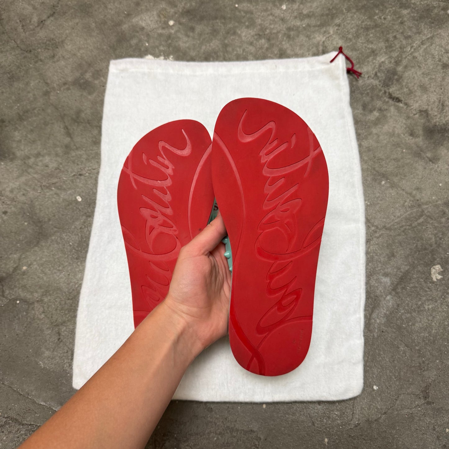 Louboutin Teal Studded Flip Flops