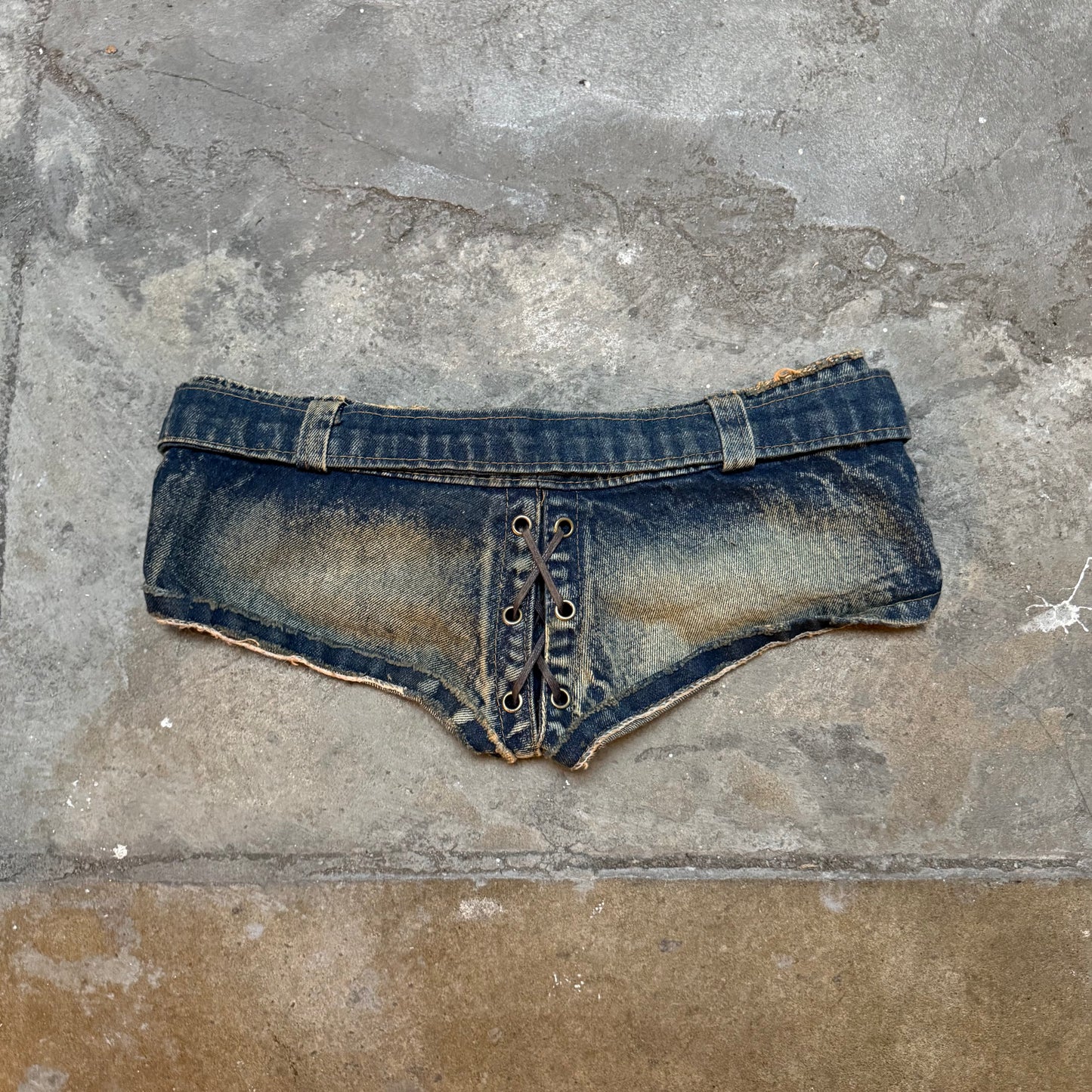 Belted Lace-Up Denim Micro Shorts