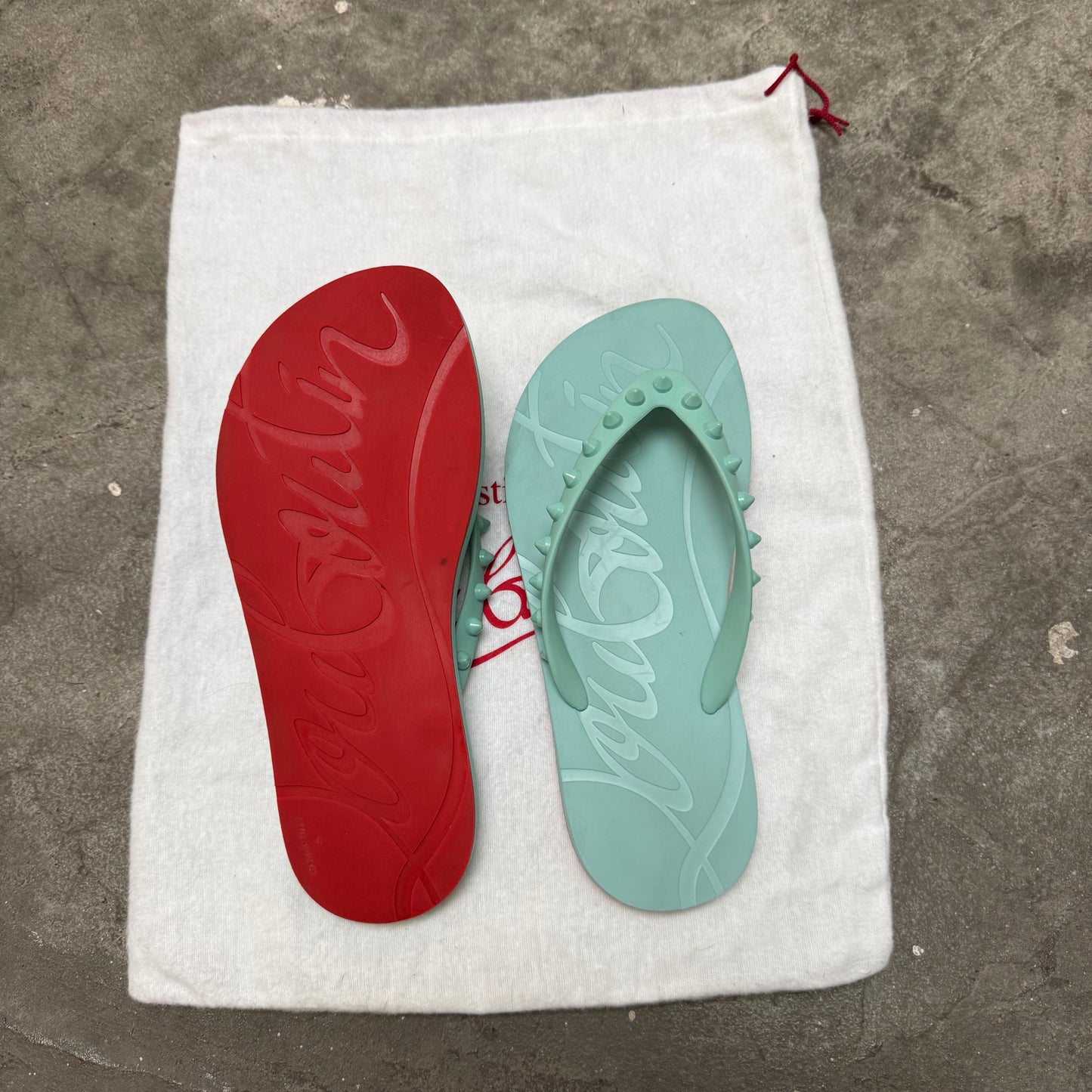 Louboutin Teal Studded Flip Flops