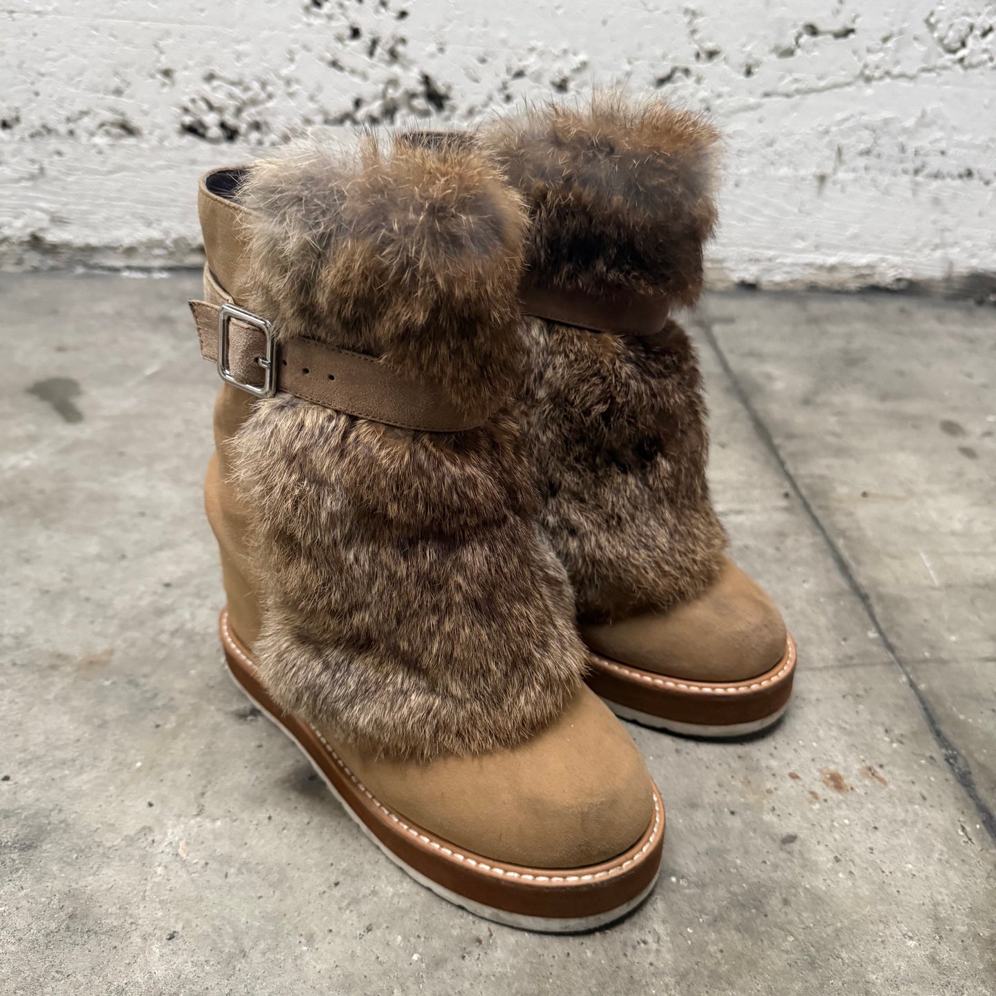 Rabbit Fur Wedge Boots