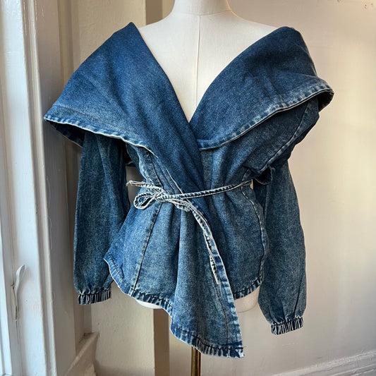 Hooded denim foldover tie jacket
