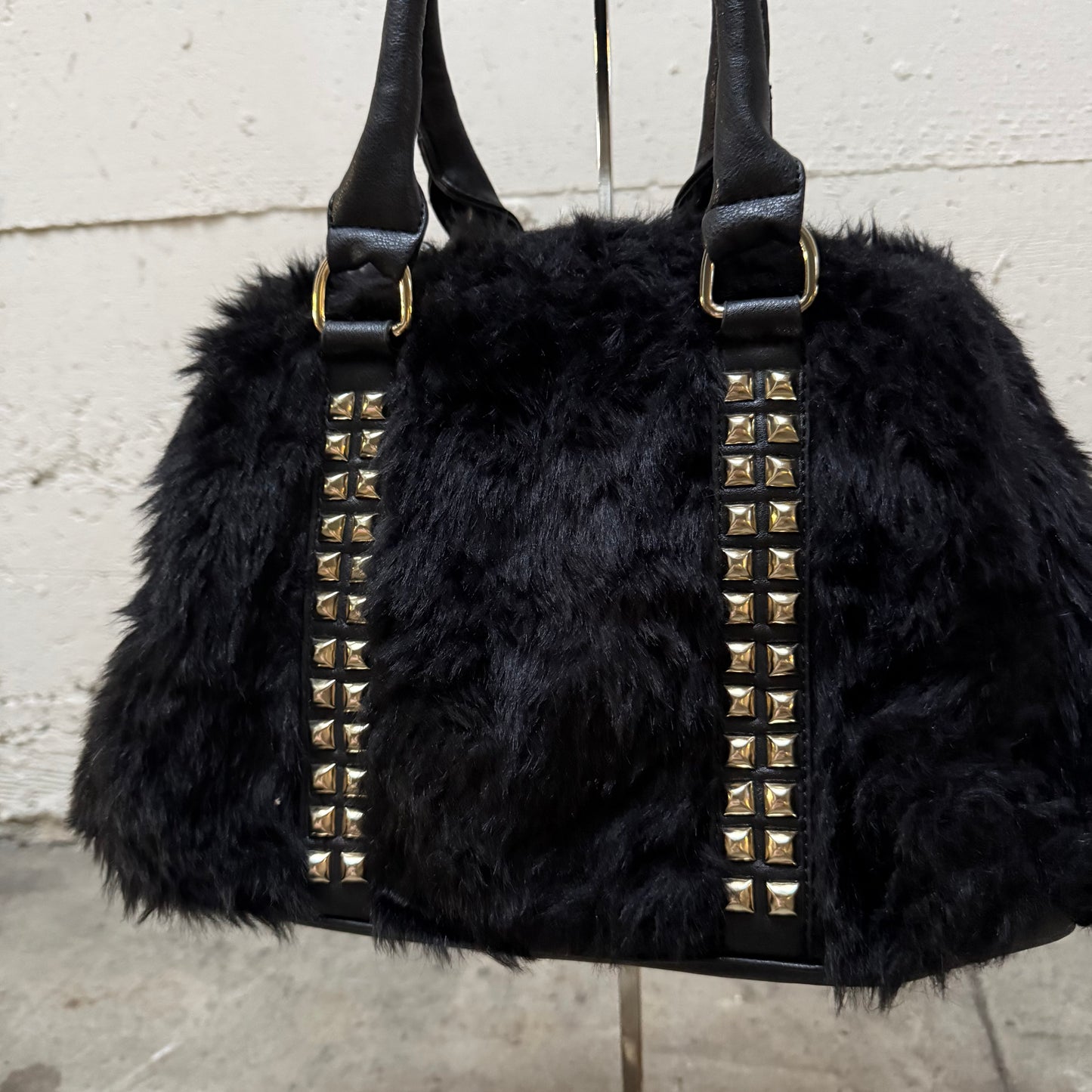 Studded Fur Barrel Bag