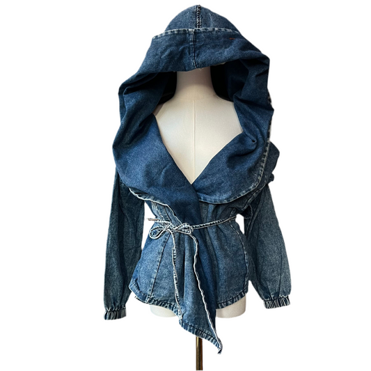 Hooded denim foldover tie jacket