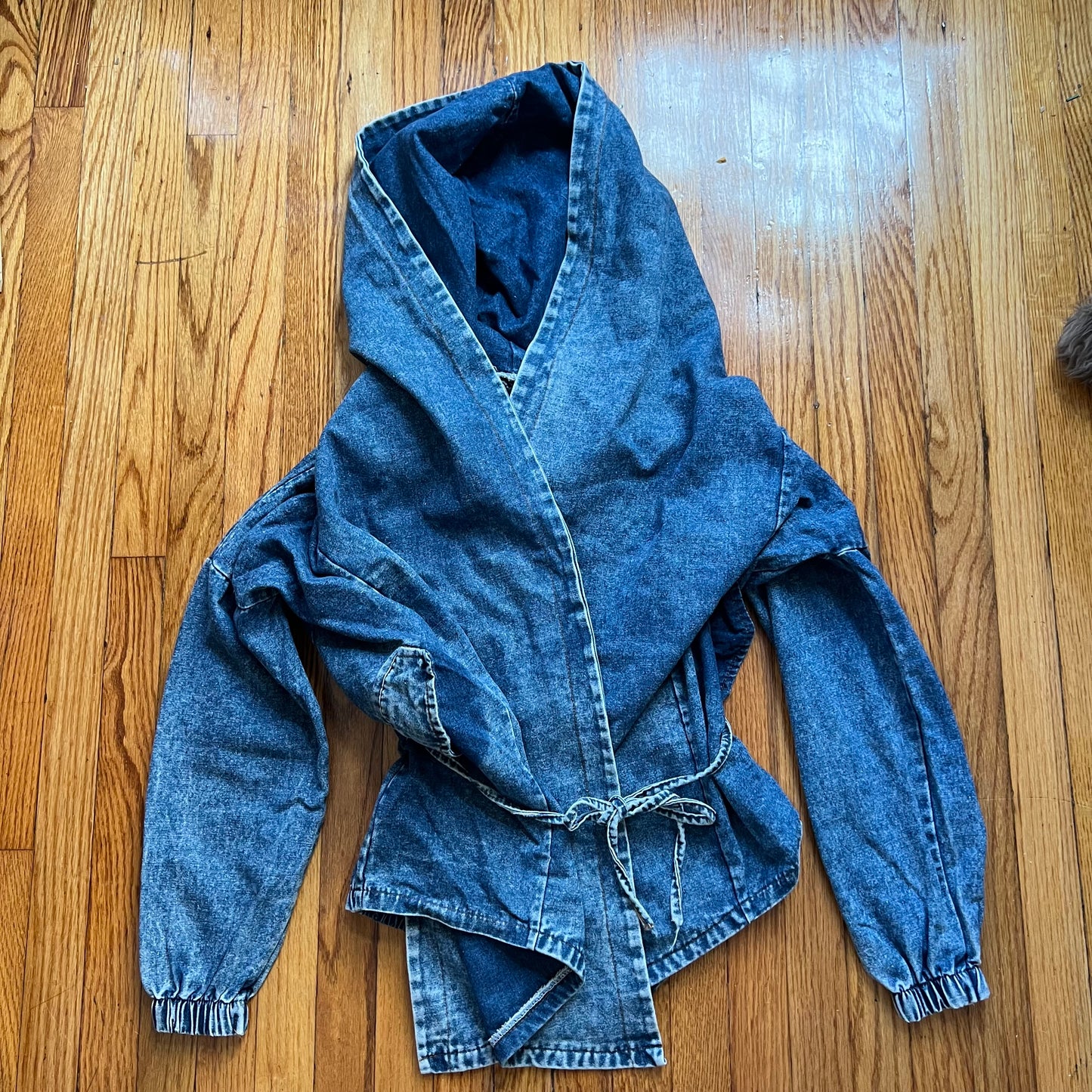 Hooded denim foldover tie jacket