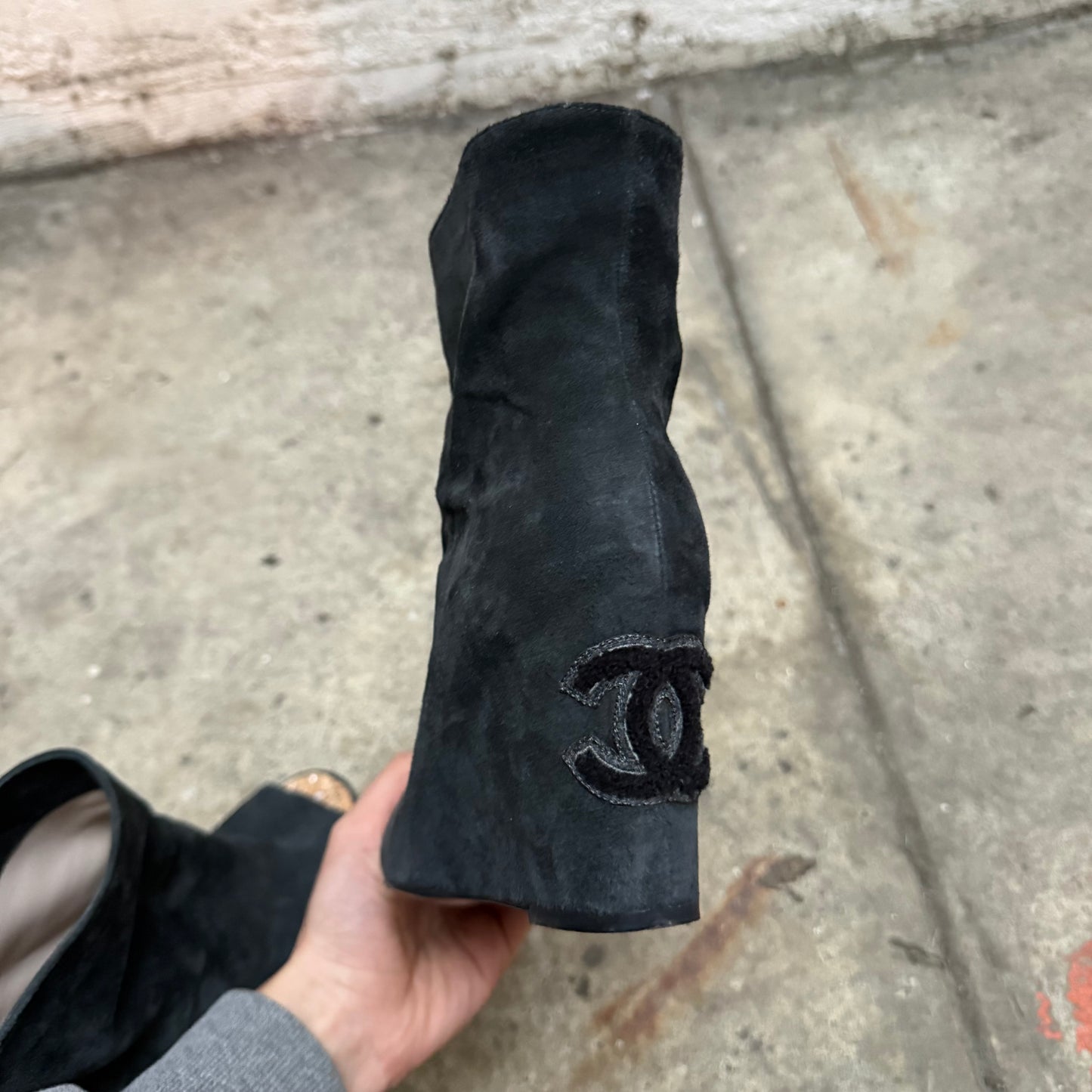 Chanel Suede Peep-toe Wedge Boots
